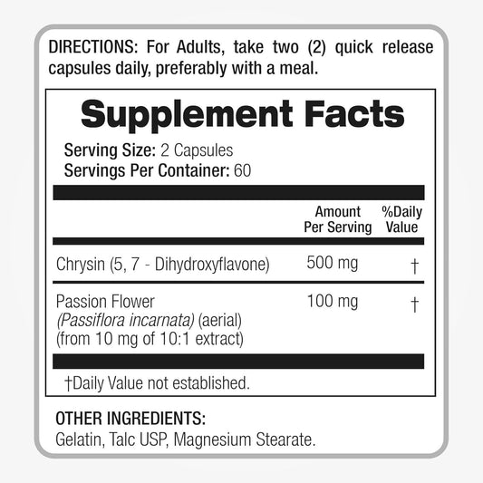 Chrysin Extract 500Mg 120 Capsules Passion Flower 100Mg 500Mg per Capsule